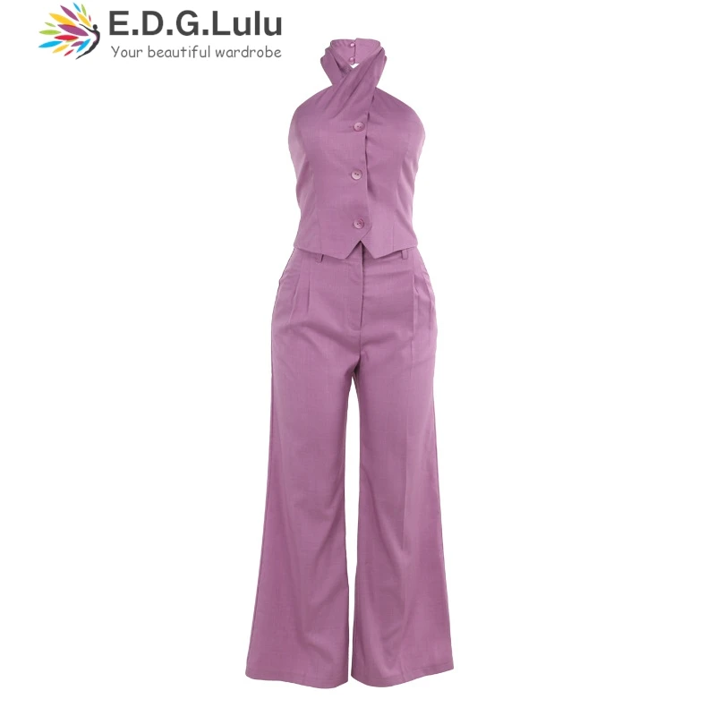 EDGLuLu Two Piece Outfits Women Halter Single Breasted Sleeveless Top+Wide Leg Pants Fashion Chic Casual Apricot Suit 0717