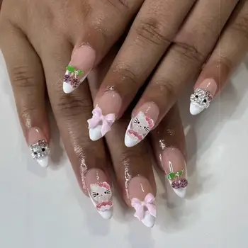 24片裝短杏仁形美甲貼片,粉紅Hello Kitty水鑽3D蝴蝶結白色珍珠愛心設計壓克力假指甲片 8 最佳銷售 Hello Kitty 假指甲 - №2