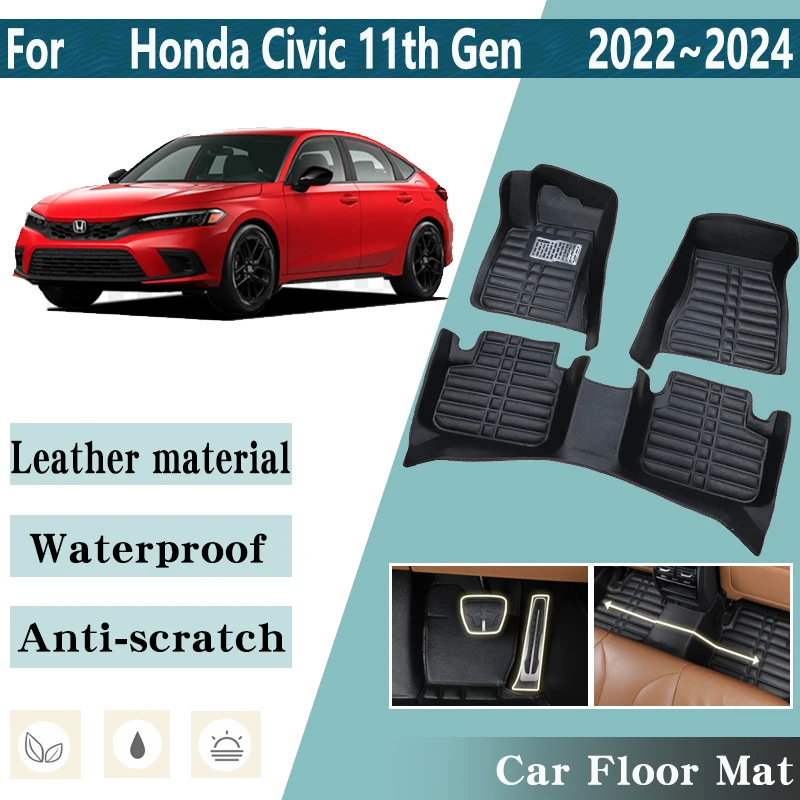 

LHD Car Floor Mats for Honda Civic 11th Gen Sedan 2022 2023 2024 Car Leather Foot Inner Liner Carpet Pads Custom Rug Accessories