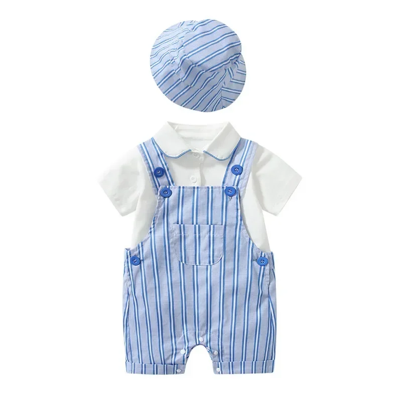 Baby Clothes Boy Cute Striped PP Shorts Jumpsuit with White Romper Hat  Infant Toddler 1 Year    for Birthday