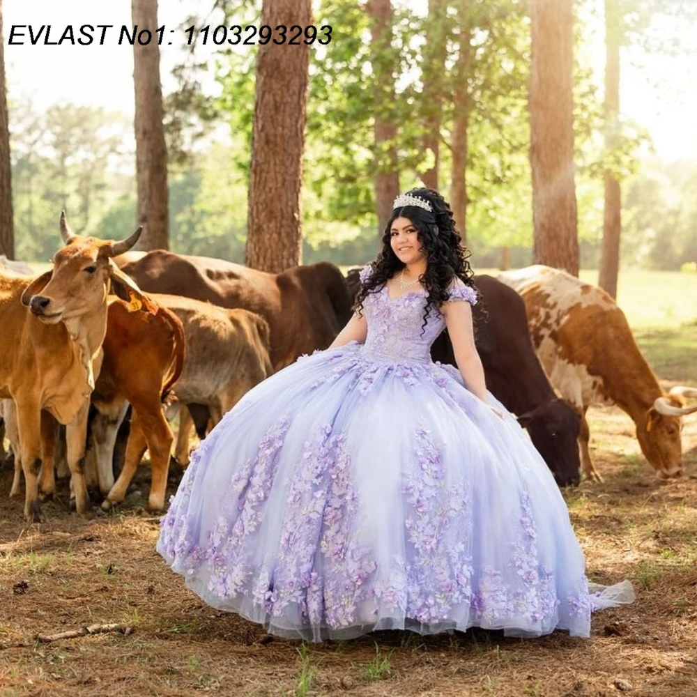 

EVLAST индивидуальное мексиканское сиреневое платье Quinceanera, бальное платье с цветочной кружевной аппликацией, расшитое бисером, Sweet 16, Vestidos De 15 Anos E1QN475
