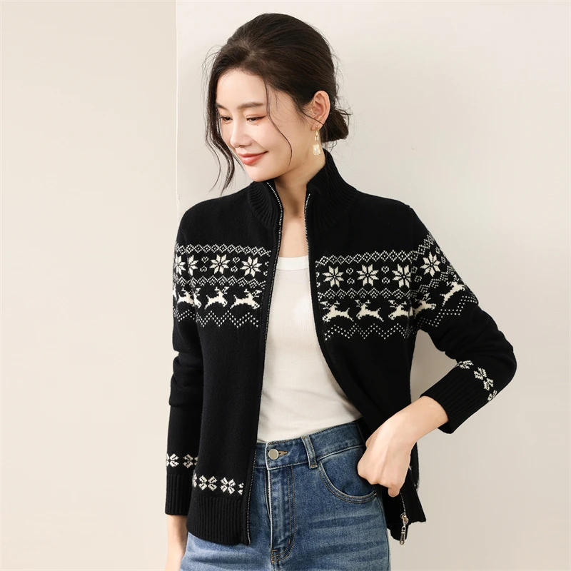 

2025 Women 100% Cashmere Sweater Autumn long-sleeved zipper Cardigan octagonal small flowers fashion simple Cashmere Knit Top