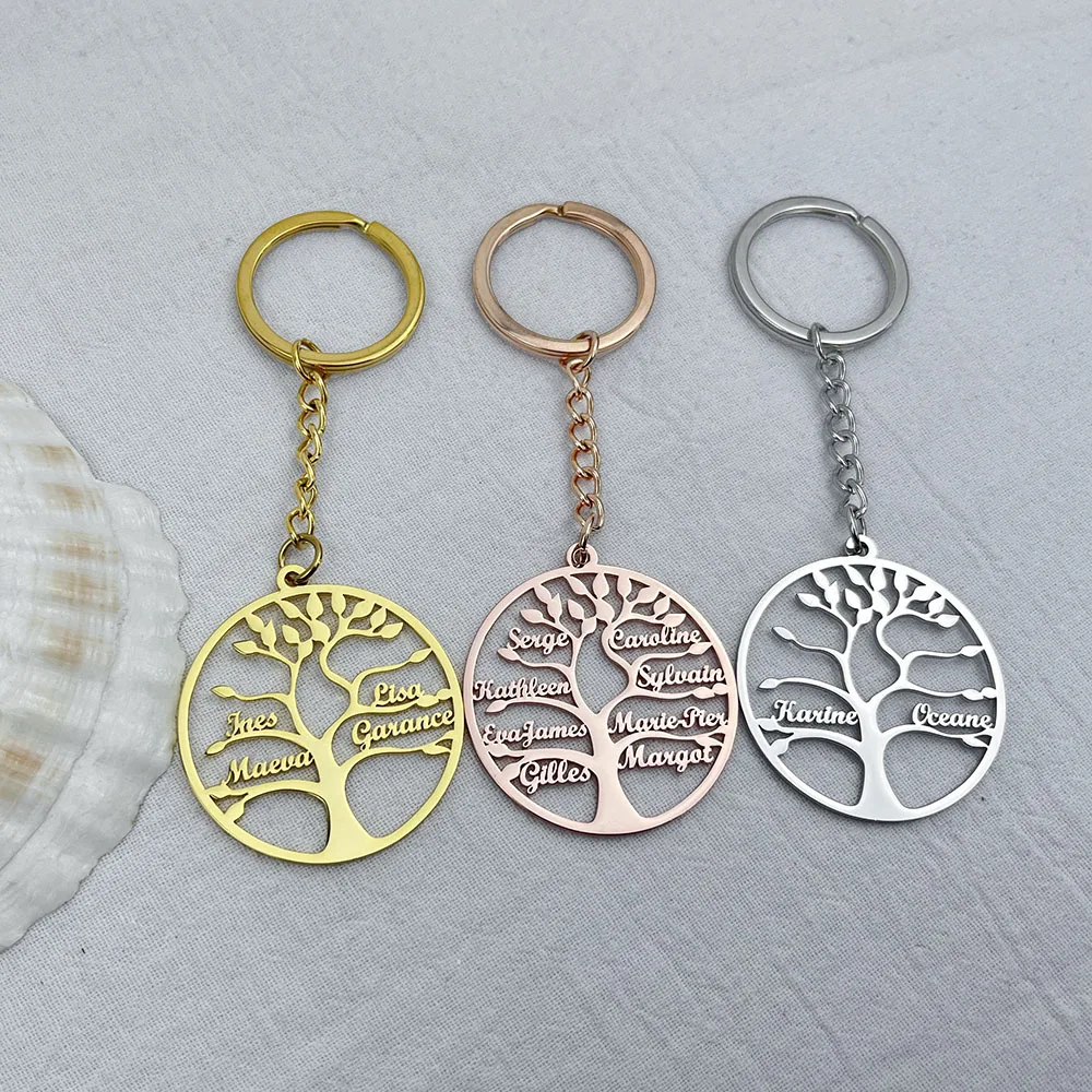 Tree of Life Pendant Keychain with 1-9 Names Stainless Steel Custom Women Jewelry Key Rings Personalized Boyfriend Gifts Llavero