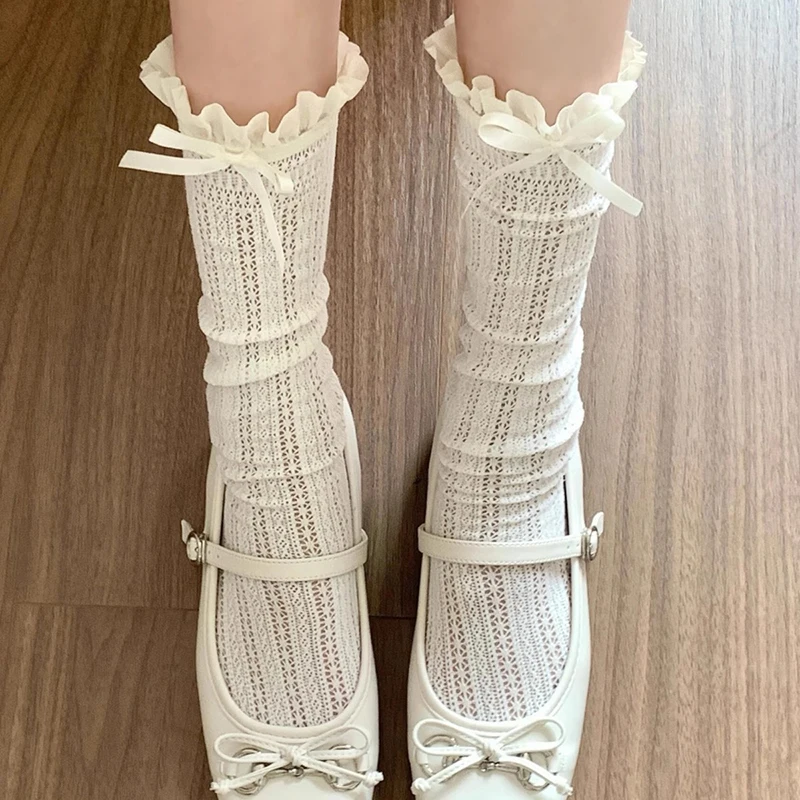 

Lolita Bowknot Hollow Lace Stockings for Woman Summer Middle Tube JK Lolita Cute Socks Black White Fishnet Stockings for Female