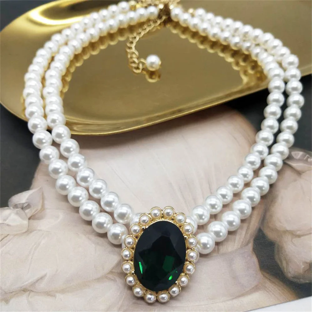 Vintage Double Layer Pearl Necklace Emerald Pearl Earrings Choker Women Elegant Clavicle Chain Banquet Party Fashion Accessories