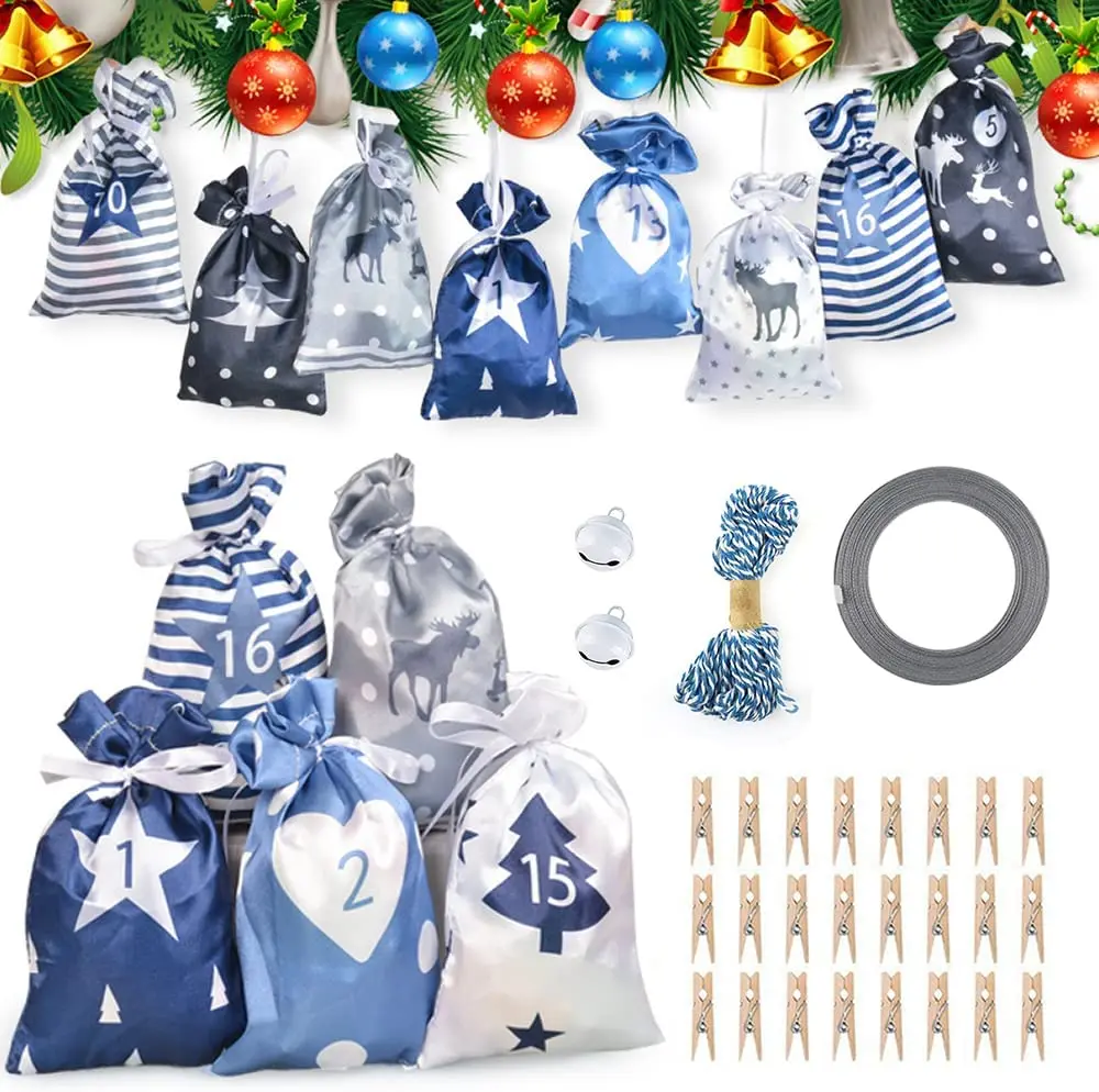 2023 Advent Calendar satin Bags set Blue Christmas Calendar Bags with Wooden Pegs Small Bell Cotton Rope for Children Boys Men