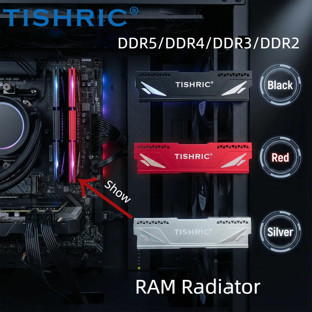 

TISHRIC 1/2 шт. радиатор для оперативной памяти DDR5 DDR4 DDR3 для настольных ПК, алюминиевый сплав, кулер для ОЗУ DDR5 DDR4 DDR3 с термопрокладками