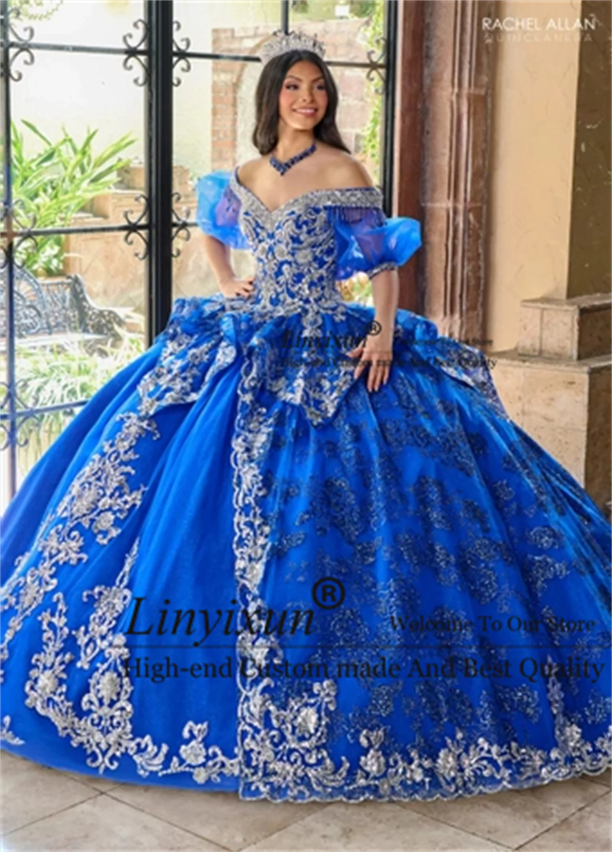 

Блестящее Королевское синее платье для Quinceanera, бальное платье, серебристое кружево, аппликация, бисером, мексиканское милое, 16 дней рождения, Vestidos De 15 лет