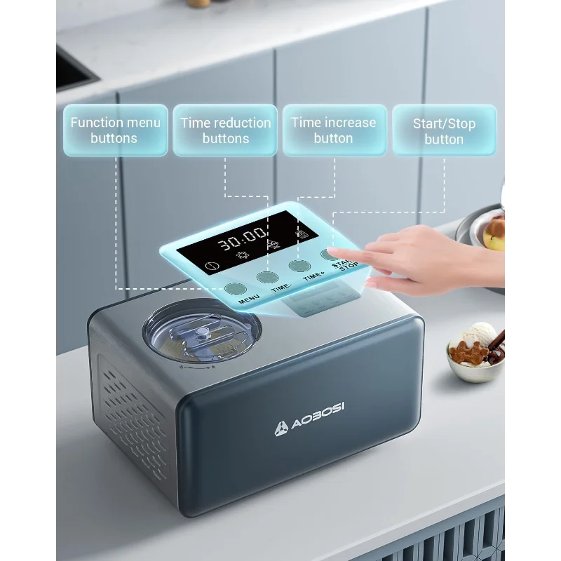 Máquina de sorvete elétrica AAOBOSI com compressor, máquina de fazer sorvete sem pré-congelamento, máquinas de sorvete para casa