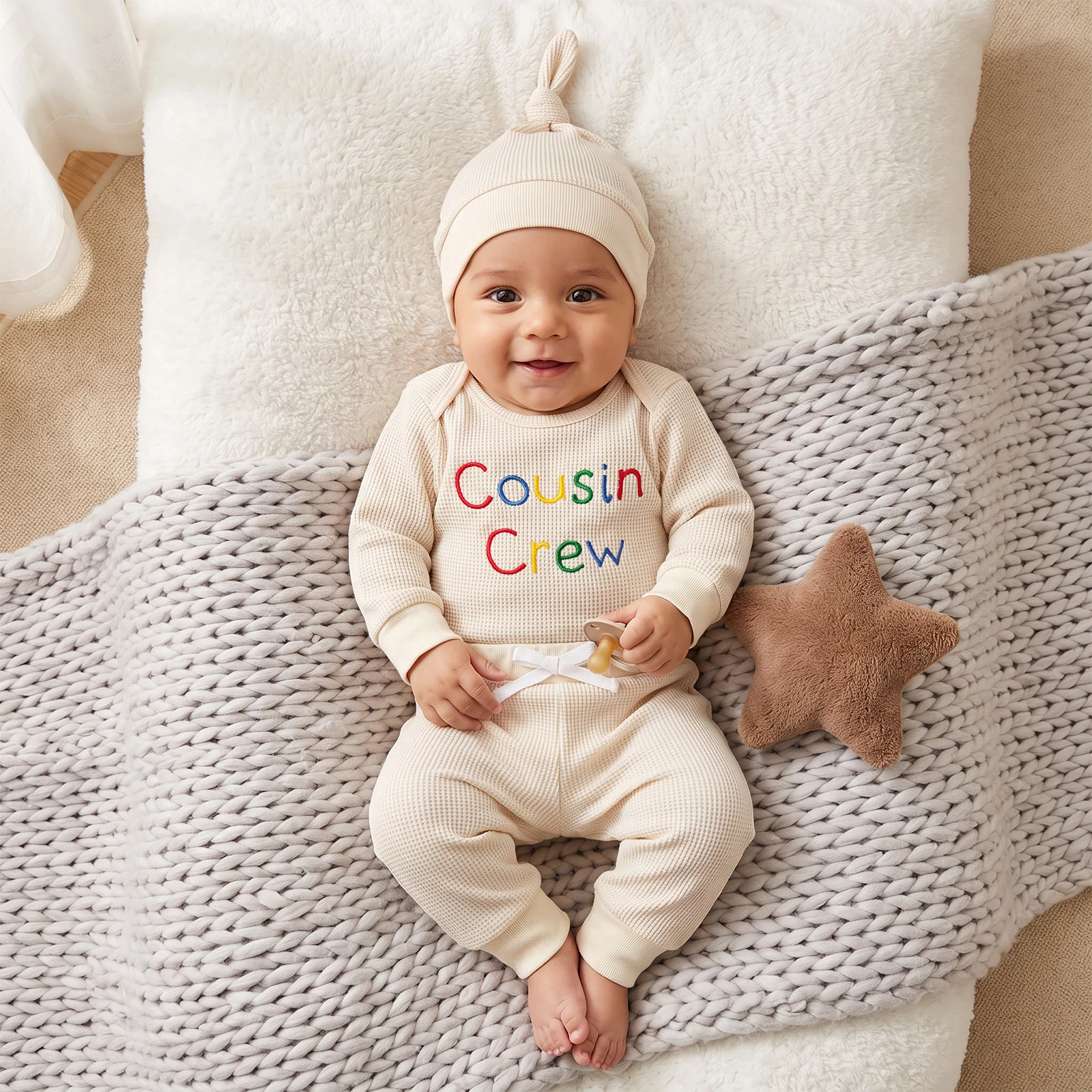 Baby Boy Fall Outfits Waffle Letter Embroidery Crew Neck Romper Pants Hat
