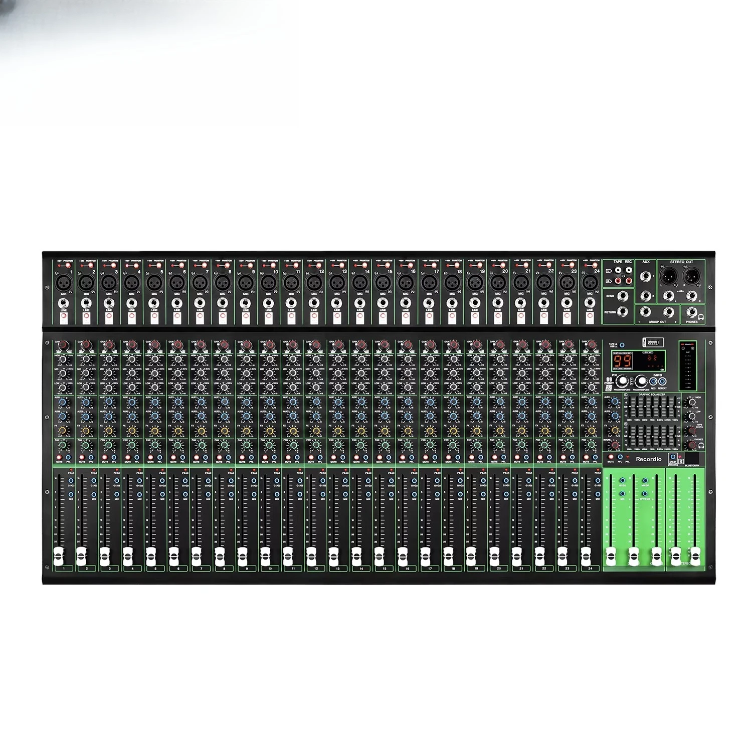 

Цифровой аудиомикшер Karaoke DJ на 24 канала с эффектами реверберации, USB и двойным 7-полосным эквалайзером для звуковых систем