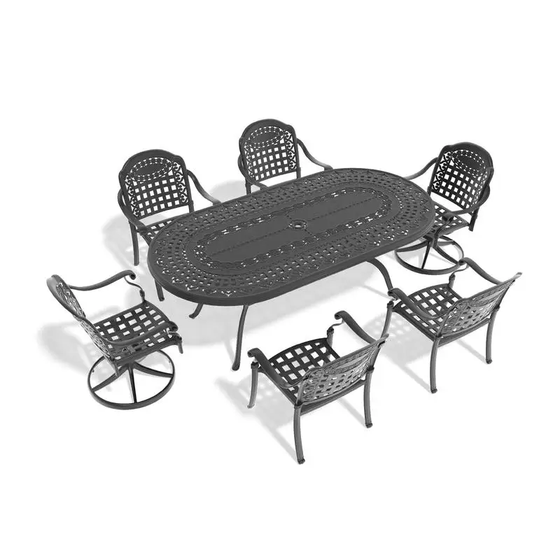 7-Piece All-Weather Cast Aluminum Dining Set with 2 Swivel Chairs, 4 Dining Chairs, and Oval Table, Black Frame