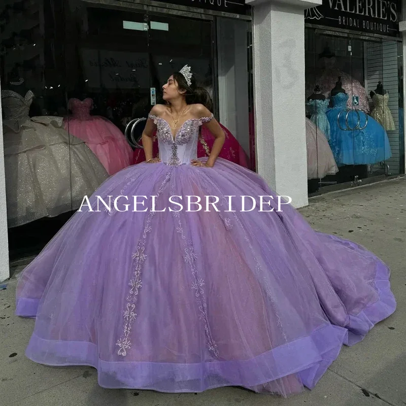 

Angelsbridep Elegant Formal Lilac Ball Gown 15 Year Old Quinceanera Dresses 2024 Prom Gowns With Beading Crystal Long Train