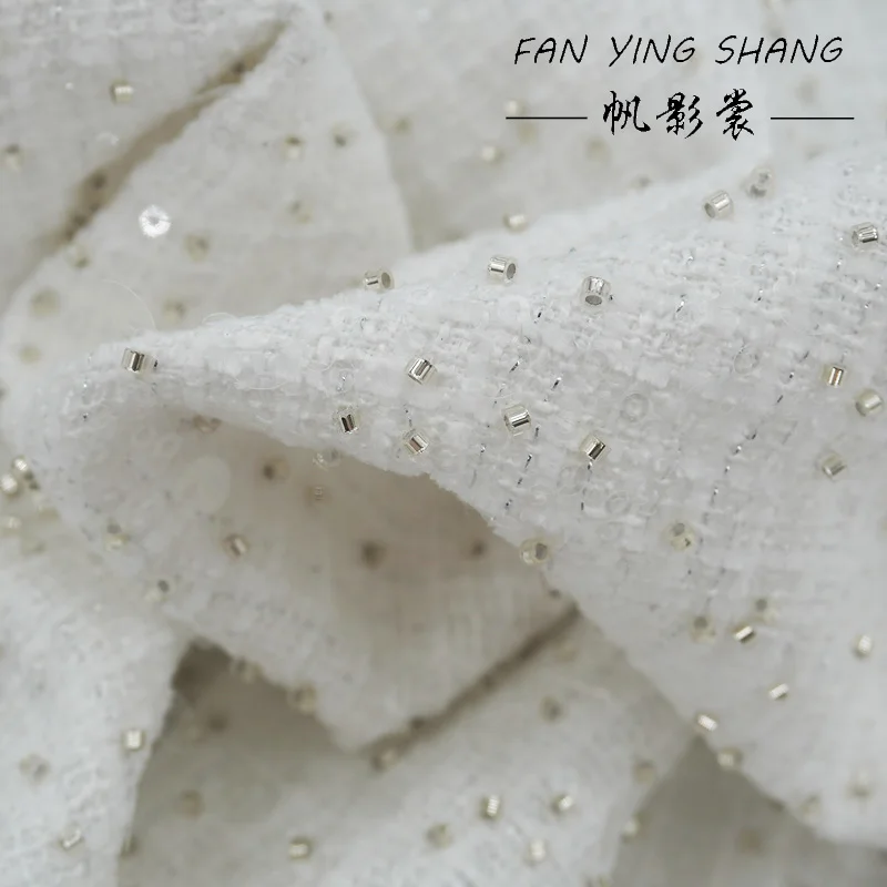 2025 The White Bead Sequins Tweed Fabric For Coat Vest Telas Para Costura Tissus Couture ткань Cloth Material Sewing Cloth