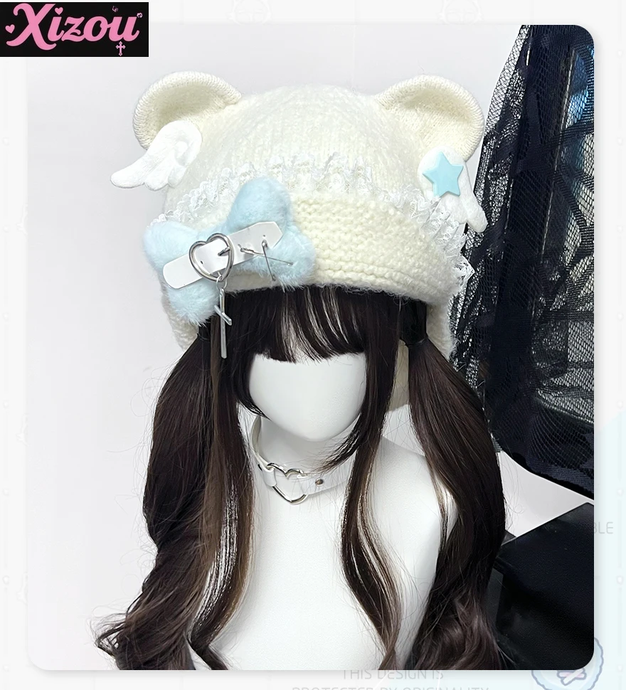 Originele Huis Beer Oorkap Schattig Subcultuur Y2k Tweedimensionale Wollen Hoed Zacht Schattig Water Kleur Bot Kant Vleugels Warme Muts voor Vrouwen