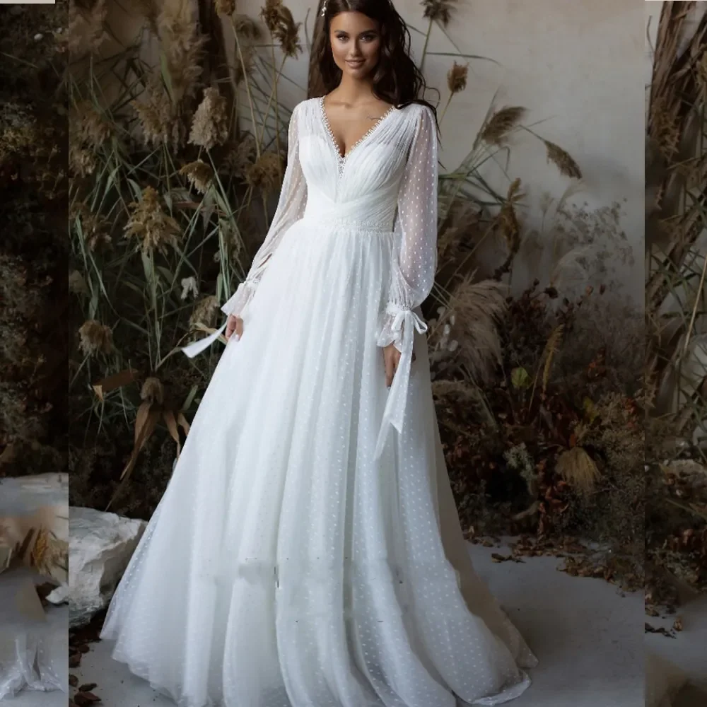 

Boho Wedding Dresses 2023 V-Neck Long Sleeves Modern Polka Dot Tulle Robe de Mariee Bohemian Gown Backless White Bridal Dress