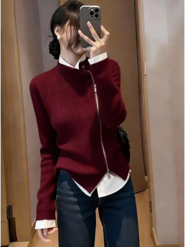 

Faionable Wine Red Knitted Sweater with Side Zipper Trendy Versatile Autumn Winter Cardigan for Women Comfortable Fit Long ...