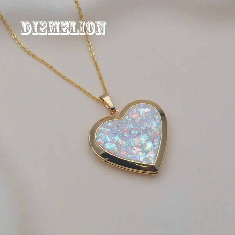 Cute Heart Shape White/Blue/Black Fire Opal Stone Locket Pendant Necklace for Women Fashion Wedding Jewelry Openable Photo Frame