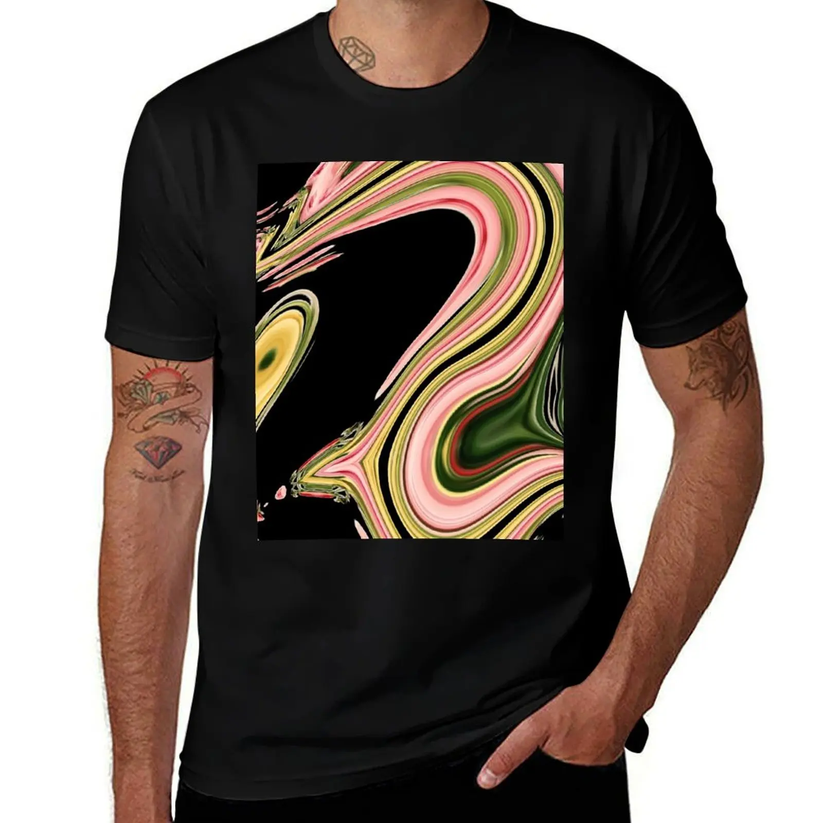 Camiseta moderna de mediados de siglo con estampado de remolinos de mármol en negro, verde y rosa, resistente al agua, casual.