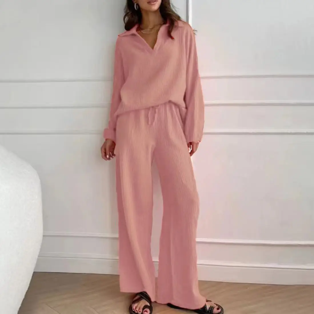 Tracksuit Wide Leg Ankle Length Solid Tops V Neck Cardigan Women Pant Sets Two Pieces L Matching Sets Loose Casual Pockets