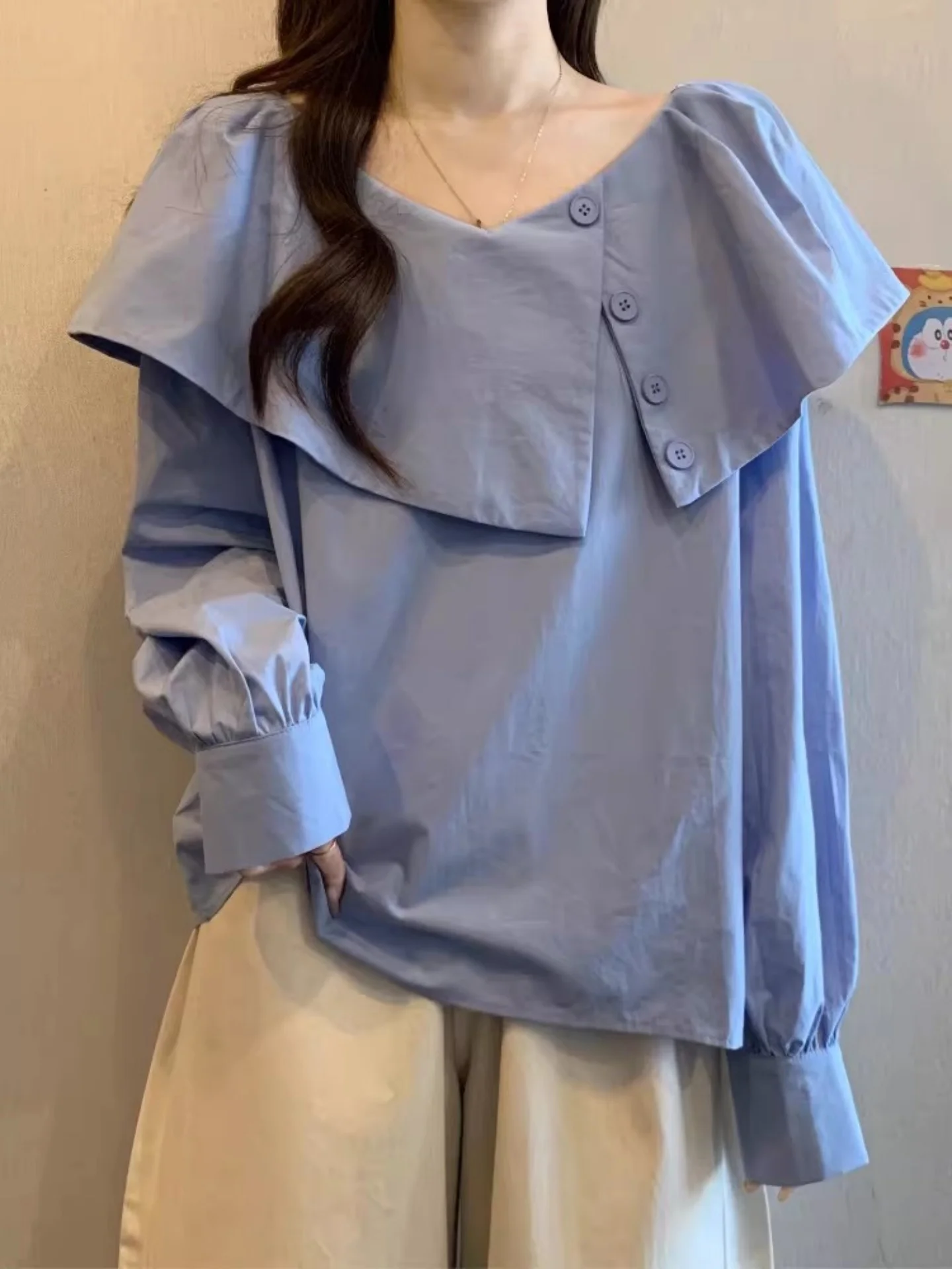 

Blue Long Sve irt Women's Large Size Faionable Korean Sle Early Spring Chic Top oulder Lengthened Turn-down Collar