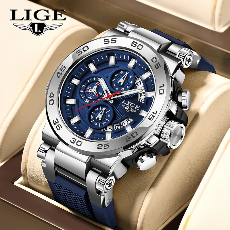 LIGE Luxury Man Watch Fashion Silicone Military Sport Quartz Watches Top Brand Waterproof Calendar Men's Watch Chronograph Clock