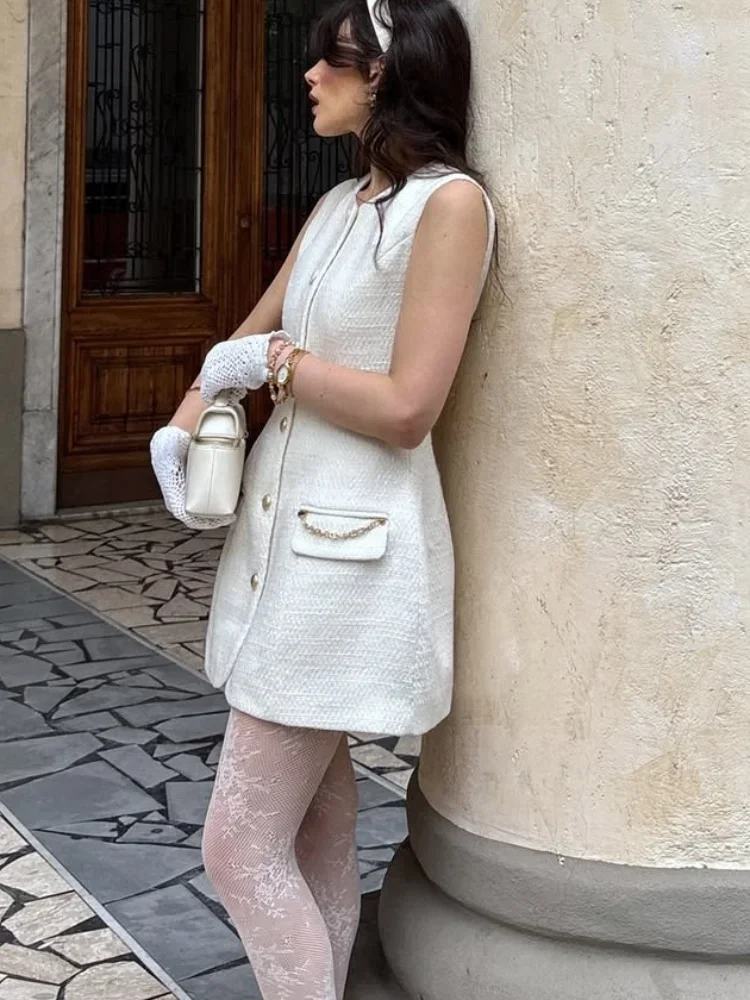 فستان أنيق بخصر من التويد للنساء بدون أكمام ورقبة مستديرة وصدر واحد على شكل حرف a فساتين نسائية جديدة يومية غير رسمية #2