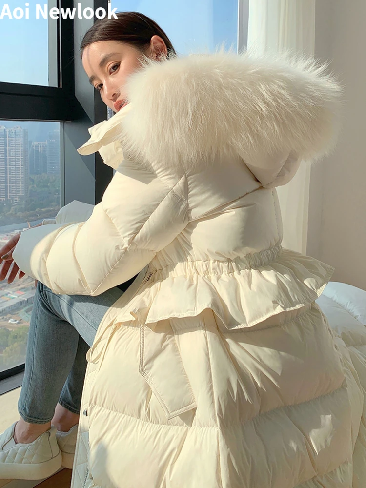 Elegant Commuting White Duck Down Jacket Women's 2023 Winter New Fox Fur Collar Long Slim-Fit Thickened Korean Style Loose Coat