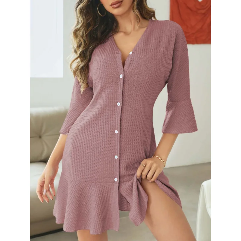 

YQ1-SexyVCollared Home Dress Autumn Winter New Loose Casual Thin Nightdress