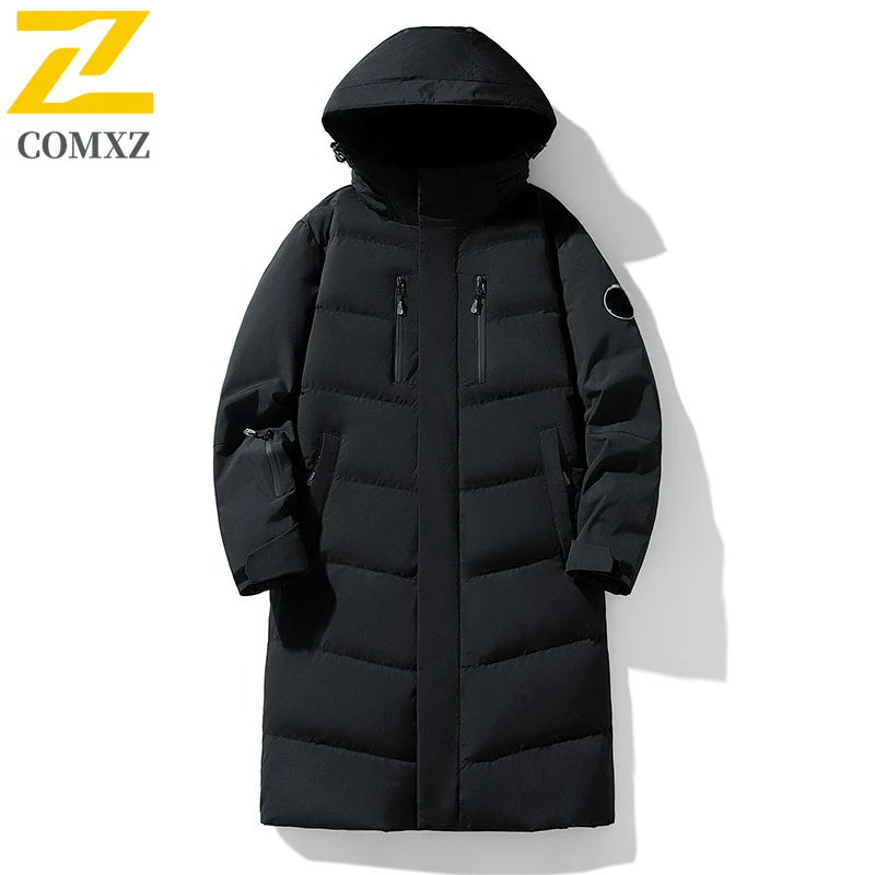 COMXZ Men Long Down Jacket Fashion Hooded Outdoor Mountaineering Windproof Warm Parka Casual Travel Lightweight Padded Jacket