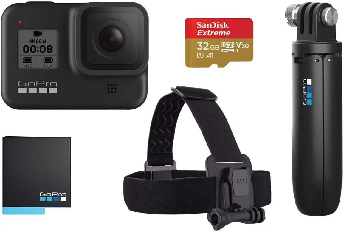 8 Black Retail Bundle - Includes  8 Black Camera Plus Shorty, Head Strap, 32GB SD Card, and 2 Rechargeable