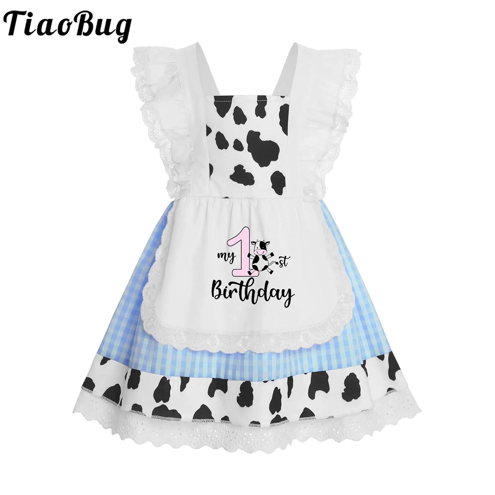 

Infant Baby Girls 1st Birthday Outfits Spaghetti Strap Plaid Cow Print Lace Tutu Dress for Party Cake Smash Photo Shoot Clothes
