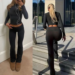 Comfy Cotton Lounge Wear Women Clothes High Stretch Slim Crop Top and Skinny Flare Leg Pants Suit Gym Fitness 2 Two Piece Sets