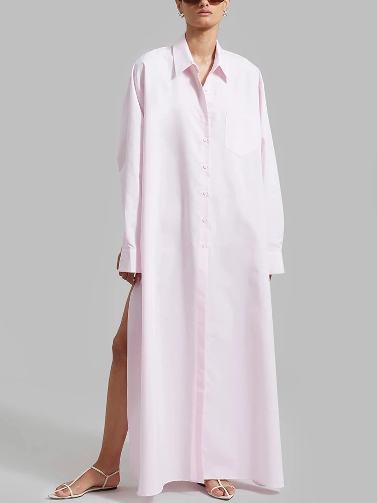 TWOTWINSTYLE Casual Minimalist Solid Dresses For Women Lapel Long Sleeve High Waist Spliced Single Breasted Loose Dress Female