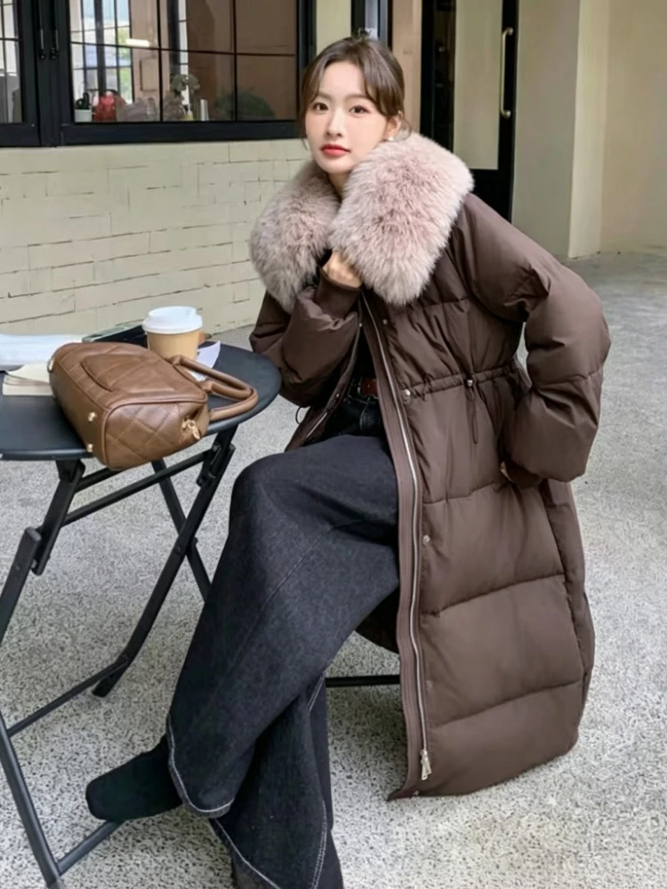 Korean Y2K Vintage Women Long Cotton Padded Parka Faux Fur Collar Winter Warm Overcoat Casual Atmosphere Loose Outerwear 2026