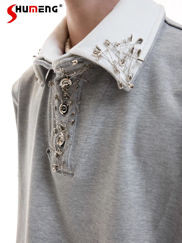 

Double-layer Contrast Color Neckline T-shirts Men Women 2025 Spring Summer Pin Metal Buckle Design Tees Cotton Short-sleeve Tops