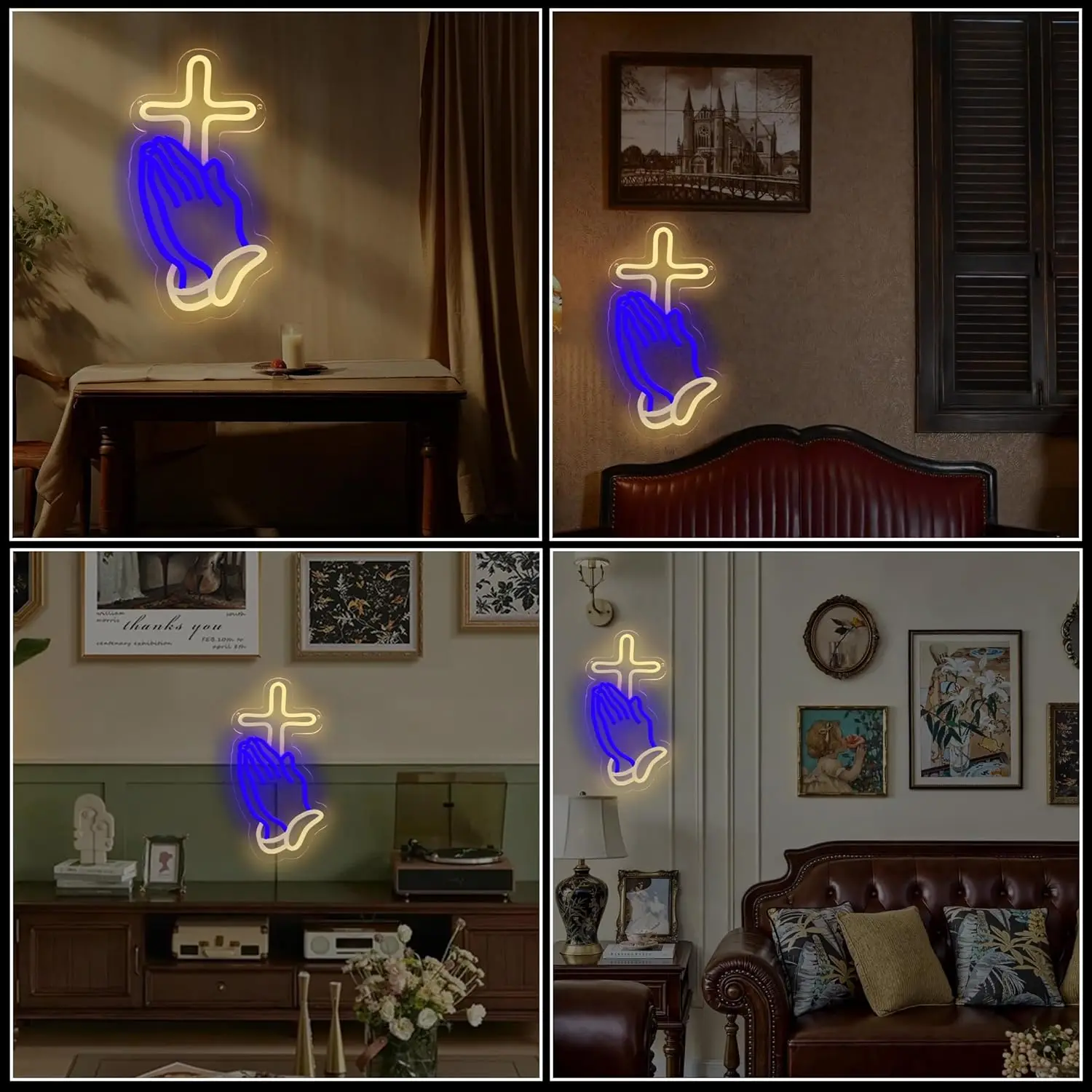 Praying Hands with Cross Neon Sign USB Dimmable LED Christian Wall Light for Church Prayer Room Religious Faith Home Decor Gift