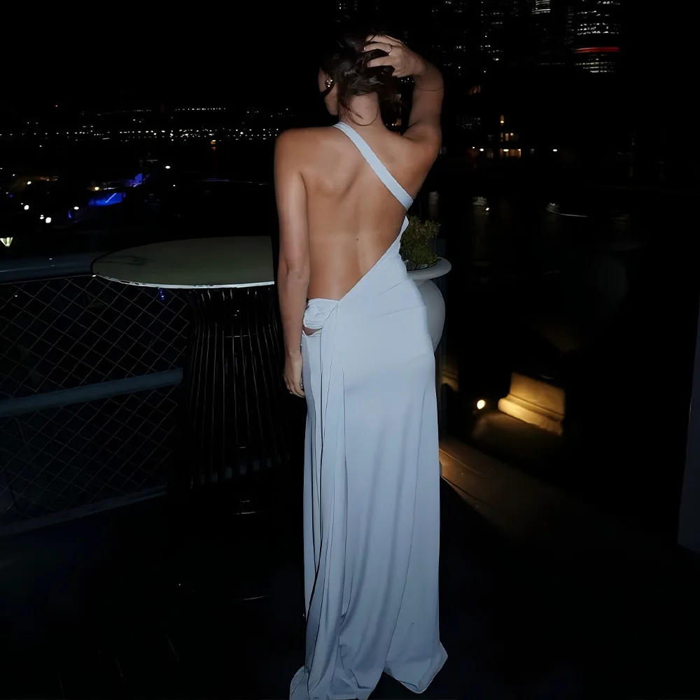 DSMTRC Abito Elegante Anelli di Metallo Backless Aderente Abiti Lunghi Spalla Obliqua Senza Maniche Increspato Maxi Abito Per Abiti da Donna