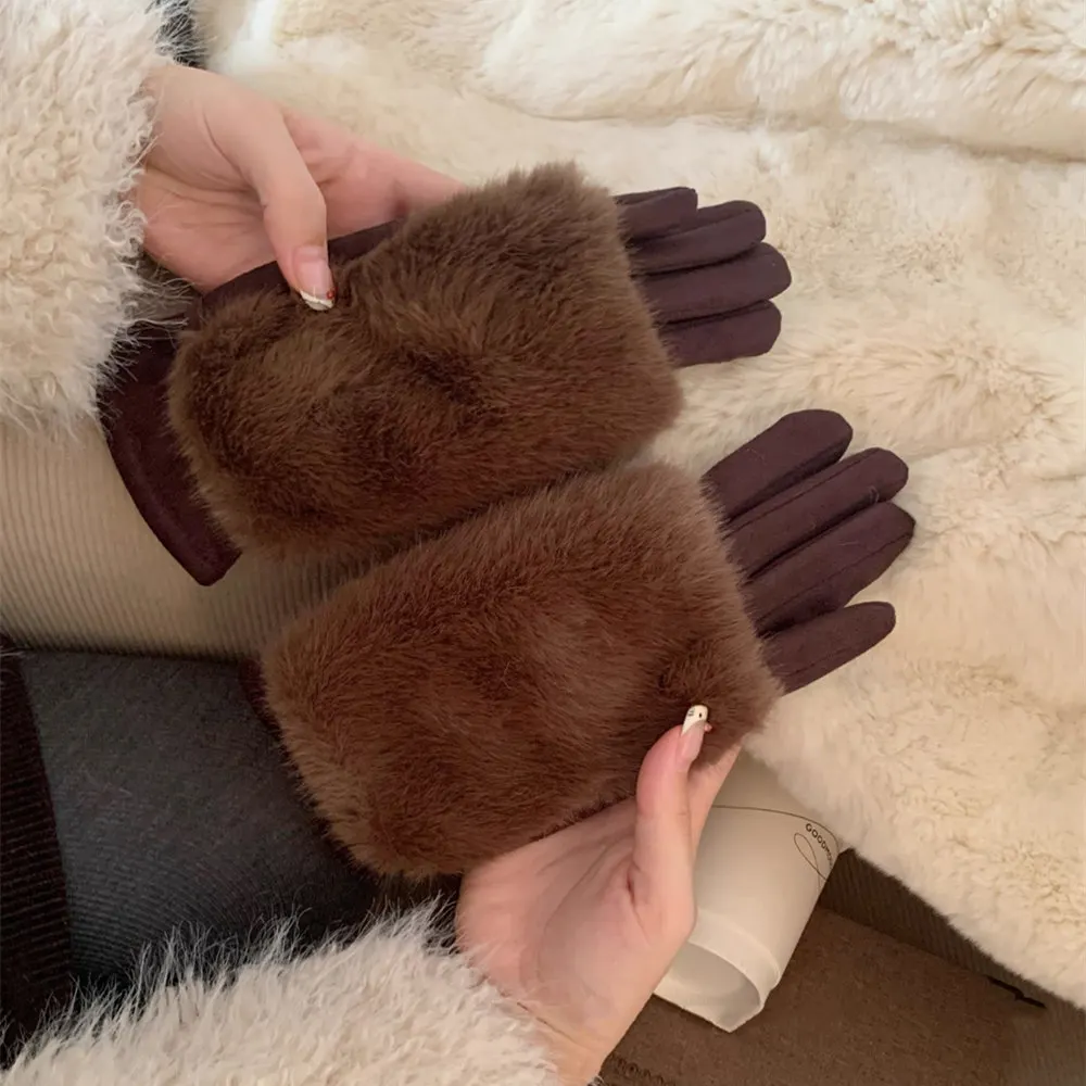 

Перчатки из кроличьего меха с сенсорным экраном, защита рук для женщин, осенне-зимние утолщенные ветрозащитные теплые перчатки для верховой езды, женские перчатки из меха и замши