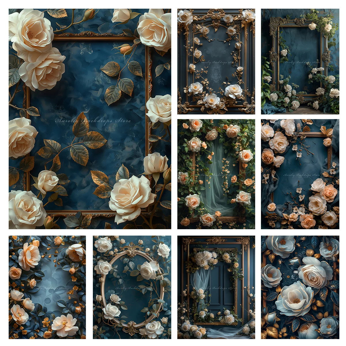 מסגרת בארוק זהב עם ורדים לבנים וטפטים כחולים רקע רקע ילדים ילדים תינוק ילד ילד ילד