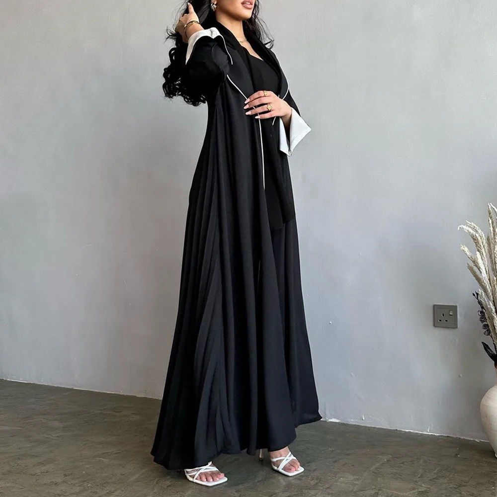 Muslim Ramadan Eid Black Open Front Abaya Patchwork Jalabiyat Casual Loose Moroccan Jilbab Gulf WomenTurkish African Robes