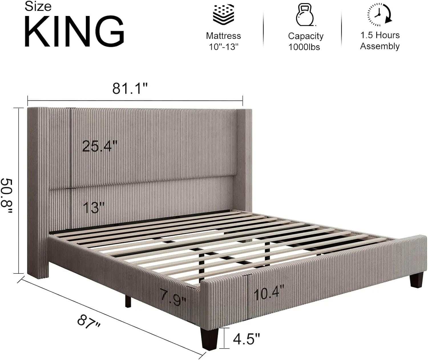 Howe King Size Gestoffeerd Platform Bed Frame, Wingback Bed Met 50.8 "" Hoofdeinde, Corduroy/Massief Houten Poot/Geen Boxspring