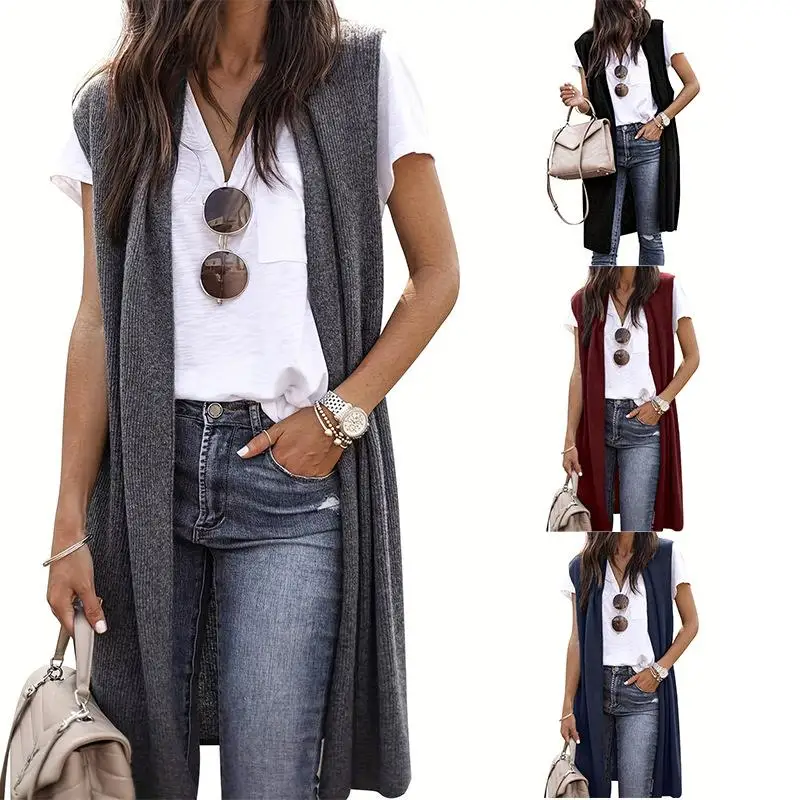 Ceco de Punto sin Mangas Largo, Estilo Cárdigan, Chaqueta para Mujer, Estilo Csa Abierta, Color Sólido, Fibra de Poliés...