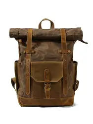 MUCHUAN Vintage Oil Waxed Canvas Leather Backpack Large Capacity Teenager Traveling Waterproof Daypacks 14