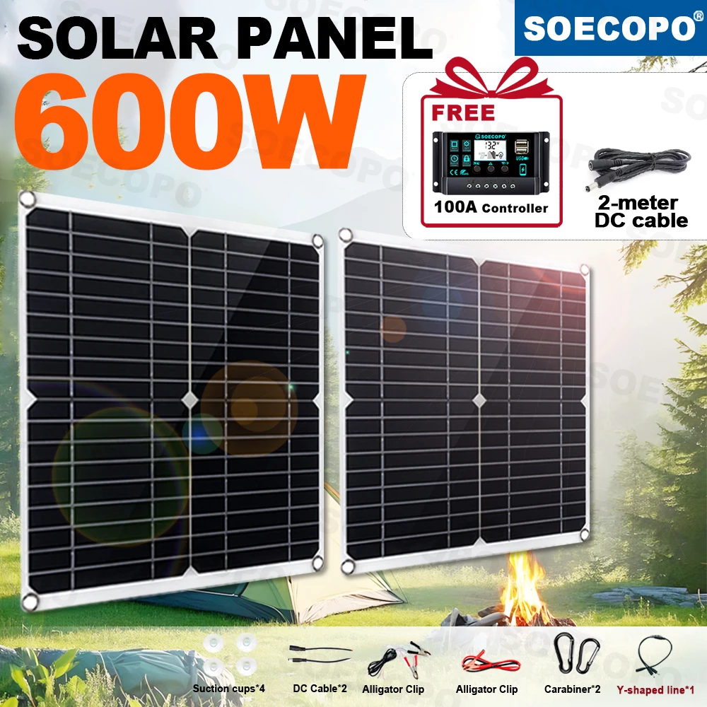 SOECOPO 600W With A FREE 100A Controller Portable Solar Panel Kit 2*300W Solar Panels DC 18V USB 5V Output Comes Camping Phone