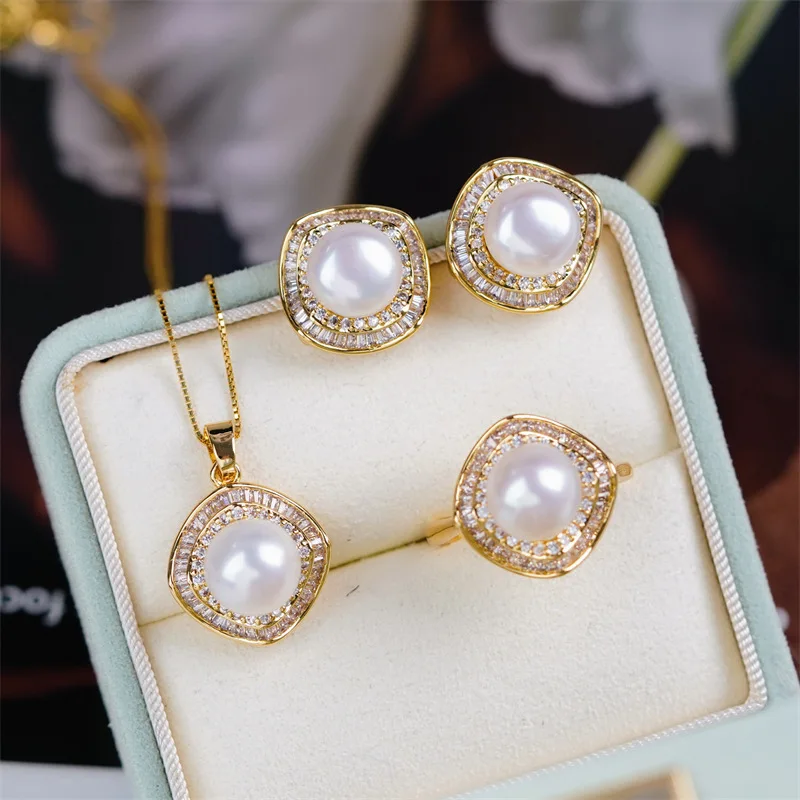 

18K copper gold-plated AAA 7-8mm 8-9mm 9-10mm 10-11mm japan akoya white round pearl Open Ring earring pendant set 18inch