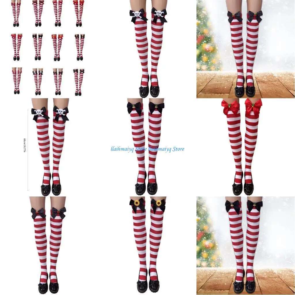 

573b фестиваль Bowknot Акцент полосатые длинные носки для женщин рождественские вечеринки косплей бедро высоко над коленными