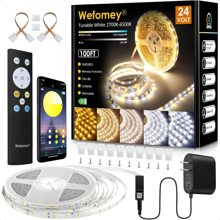 

White LED Strip Lights 100ft Dimmable Bright 24V Led Tape Light with Remote and App Control 2700K6500K White 1440 LEDs Lights f