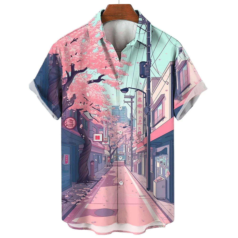 Camisa masculina com padrão paisagem, camiseta casual extragrande, tops de manga curta, streetwear Harajuku, roupas masculinas, verão