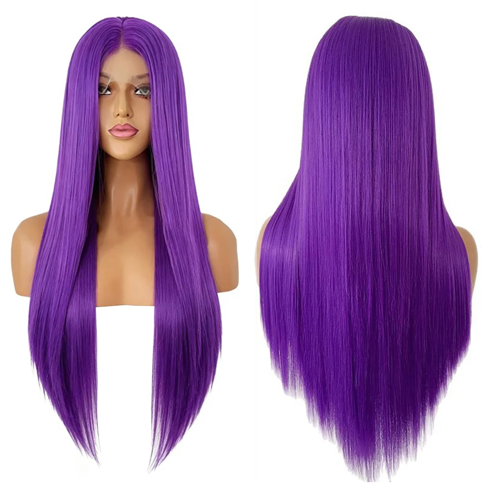 

13x4 Lace Front Wig 26" Purple Long Straight Natural Hairline Heat Resistant Synthetic Hair For Women Cosplay Party Daily Wear
